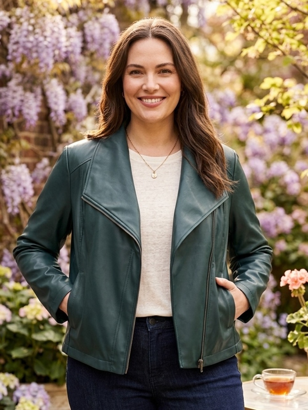 Ann Taylor Factory Moto Jacket faux leather forest green business casual cool 14